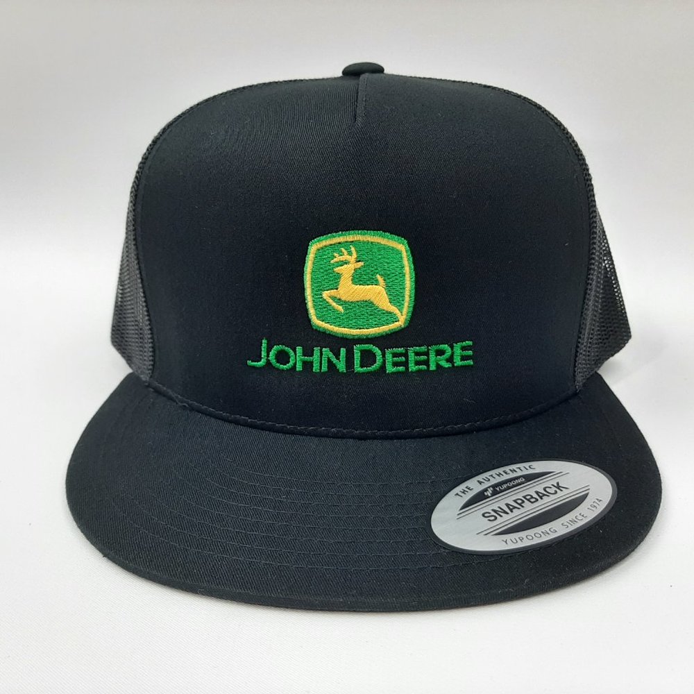 John Deere Flat Bill Trucker Mesh Snapback Cap Hat Black Embroidered Pat…